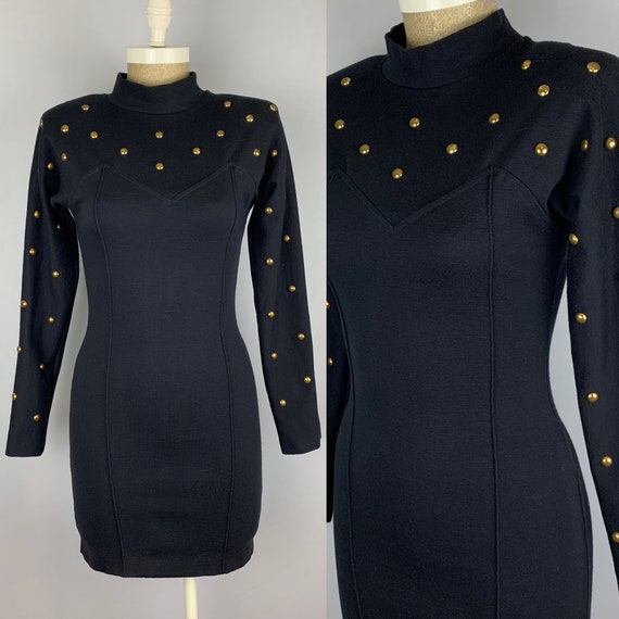 black mini dress with gold studs Lady Black Tie - Midnight Glam - Black & Gold Mini Dress main image 0