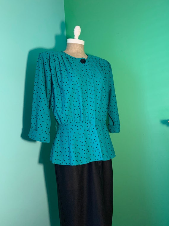 Vintage 80s does 40s Two-tone Teal Print Dress - image 8