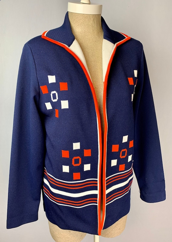 60s Mod Blue Geometric Print Polyester Knit Jacket - image 5