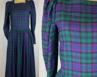 Vintage 80s Laura Ashley Plaid Maxi Dress: Green Purple Tartan