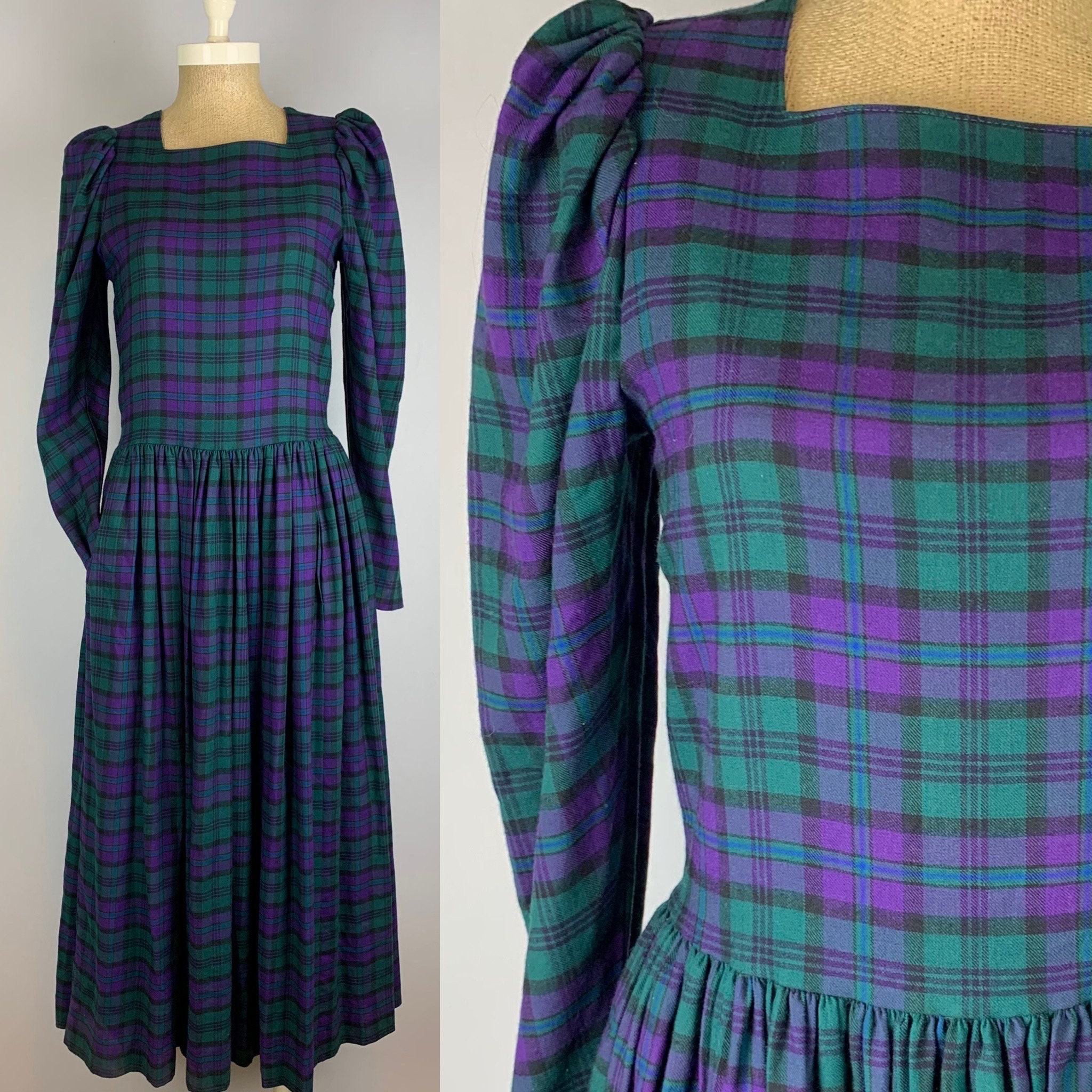 Vintage 80s Laura Ashley Plaid Maxi Dress: Green Purple Tartan