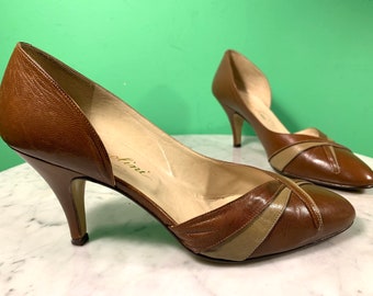 Slingbacks Size 6 Made in Italy. Vintage Garolini Heels Brown with Gold Buckle and Trim Schoenen damesschoenen Pumps 