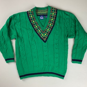 Vintage Preppy Women’s Green Cable Knit Tartan Plaid Pullover Sweater Size Medium New Old Stock