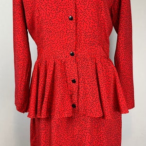 Vintage 1980s Red Abstract Print Peplum Dress - 1940s Style - Padded Shoulder Puff Sleeves - Size Medium