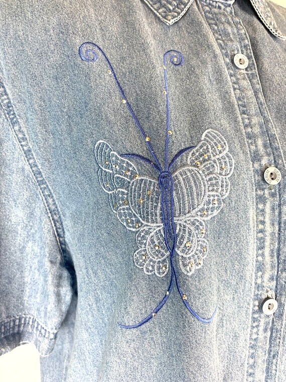 Denim Embroidered Studded Butterfly Shirt | Vinta… - image 4