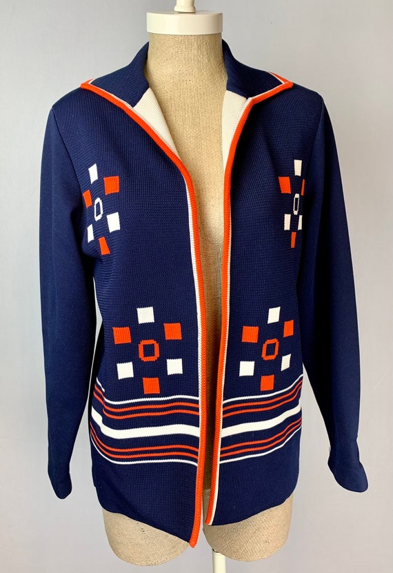 60s Mod Blue Geometric Print Polyester Knit Jacket - image 1