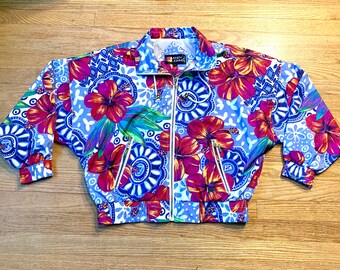 Vintage 80s Bold Floral Andy Johns Windbreaker Jacket / Size Small