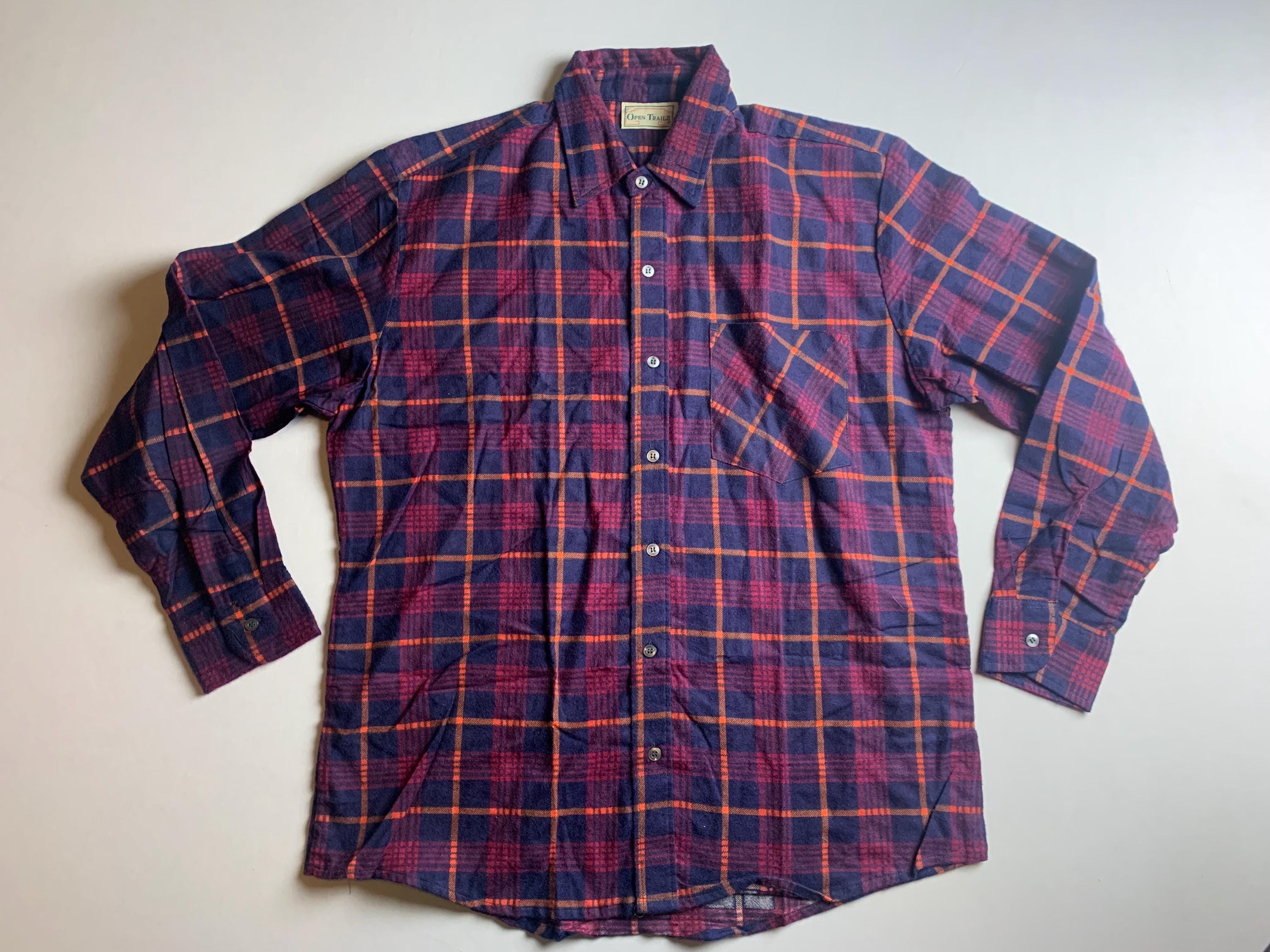Vintage 80s Black & Burgundy Plaid Flannel Shirt Size Large Open 