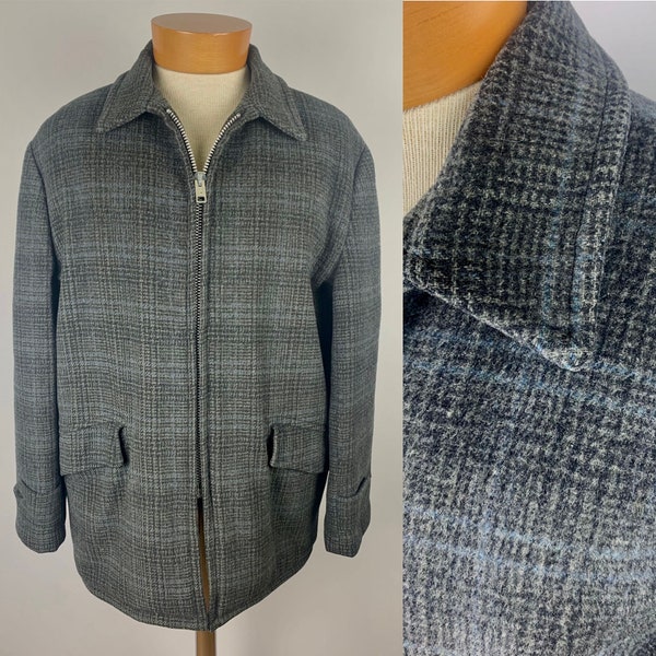 Vintage 50s Rockabilly Men’s Dark Gray Blue Plaid Zipper Car Coat Size 44