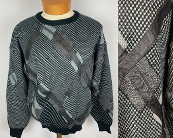 Vintage 80s 90s Men’s Black and Gray Geometric Print Sweater | Size L
