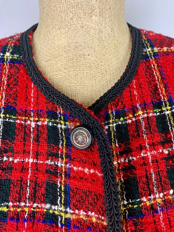 Vintage 80s 90s Red Plaid Blazer Cropped Jacket S… - image 2