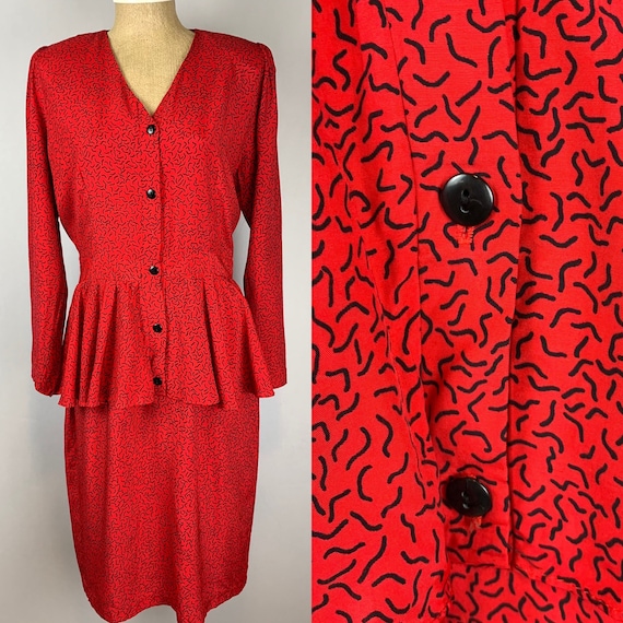 80s Does 40s Red Abstract Print Peplum Dress Vintage Padded  