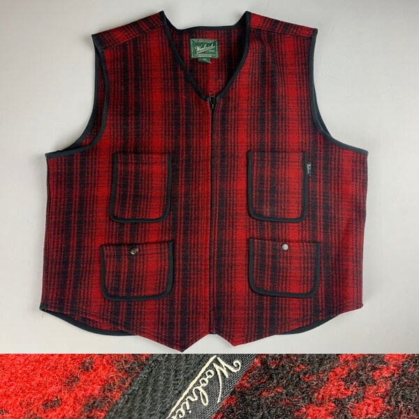 Woolrich Mens Large Wool Vest Buffalo Plaid Red Black Check Hunting Outdoor Size XL