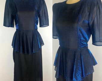 Vintage 70’s Disco Dress, Blue Lurex and Black Polyester Size Small