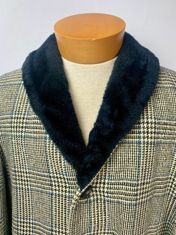 Vintage 60s Men's Faux Fur Houndstooth Glen Plaid Car Coat Size 40