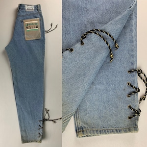 Vintage Women’s 80s 90s Distressed High Waisted Tapered Lace Up Mom Jeans | Size 29 x 32