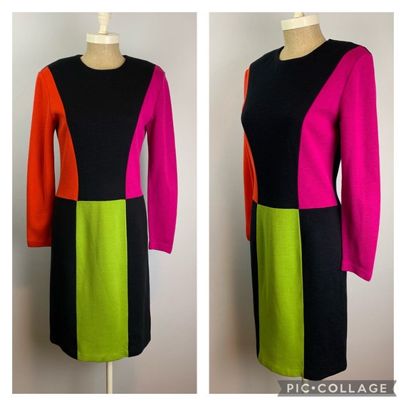 Color Blocked Knit Dress | Vintage 80s | Sheath S… - image 1