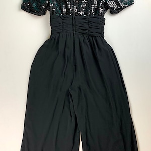 Black Evening Cocktail Party Sequined Jumpsuit | Vintage 80s 90s Glamour Disco Jumpsuit | Size Small | Sparkly Holiday NYE Wide Leg