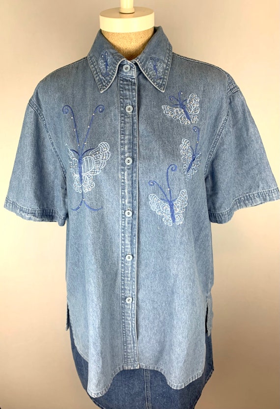 Denim Embroidered Studded Butterfly Shirt | Vinta… - image 3