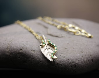 14K & 18K Solid Two Tone Gold Unique Snake on Leaf Pendant with green Enamel