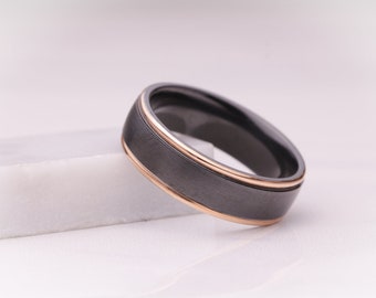 14k Rose Gold and Black zirconium mens wedding band