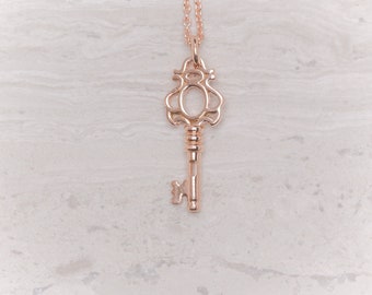 14K Solid rose Gold victorian key pendant with chain