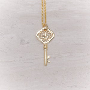 14K Solid Gold filigree key pendant with chain