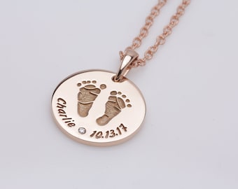 14K SOLID Rose Gold Personalised Baby Feet Footprints Pendant