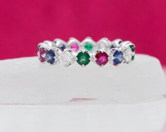 Diamond Sapphire Ruby Emerald 14k White Gold Band