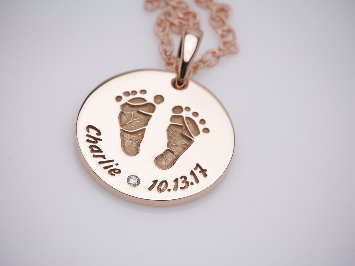 14K SOLID Rose Gold Personalised Baby Feet Footprints Pendant Etsy.de