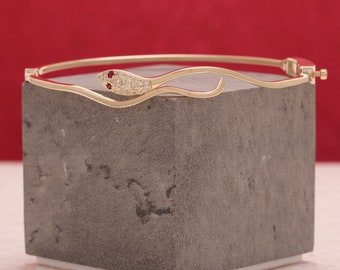 14k Solid Yellow Gold Snake Bangle with Lab Diamonds and Natural Rubies