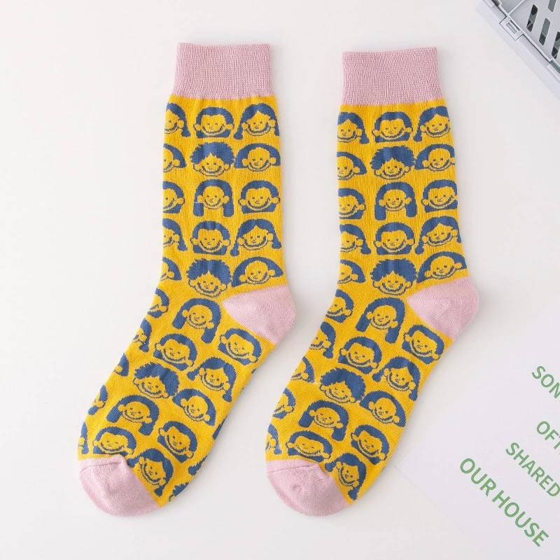 Image of Female Socks - Harajuku Japanese Socks, Modern Faced Design -Uk Size -, Euro -- Pink & Purple Colour