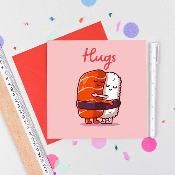 Kawaii Sushi Card Friendship Card Cute Sushi Hugs Card Kawaii Valentines  for Him Love Card Valentines for Her 