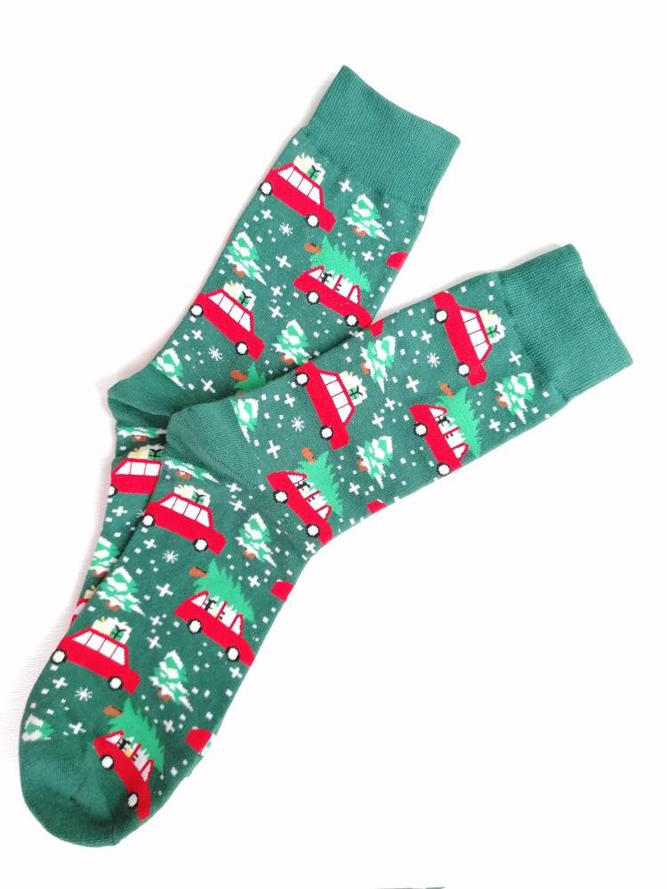 Image of Christmas Socks - Unisex/ Mens Festive Green -Socks Uk Size 4-9, Euro 36-42, Colourful Designs Harajuku Tree