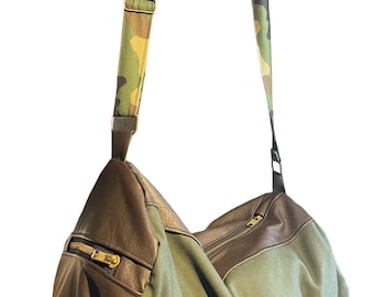 Leather polochon and canvas , travel bag , sports bag , unisex leather bag , weekend bag, , leather tote bag , single bag