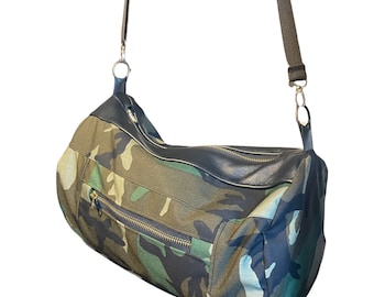 Camouflage polochon , travel bag , sports bag , unisex leather bag and canvas, weekend bag, , leather tote bag , single bag