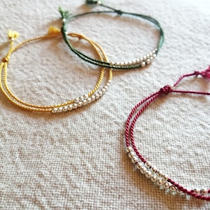 Fine adjustable colorful cord bracelets in silk and silver beads, delicate bracelet