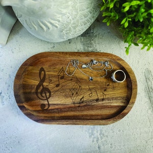 Music Notes Wood Trinket tray, key, jewelry, ring holder, valet tray, wood dish, engraved wood tray