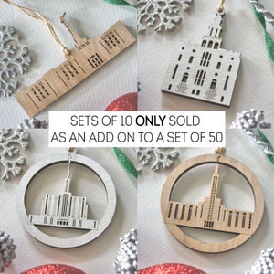 May include: A set of 10 wooden Christmas ornaments featuring different designs of a temple. The ornaments are sold as an add-on to a set of 50.