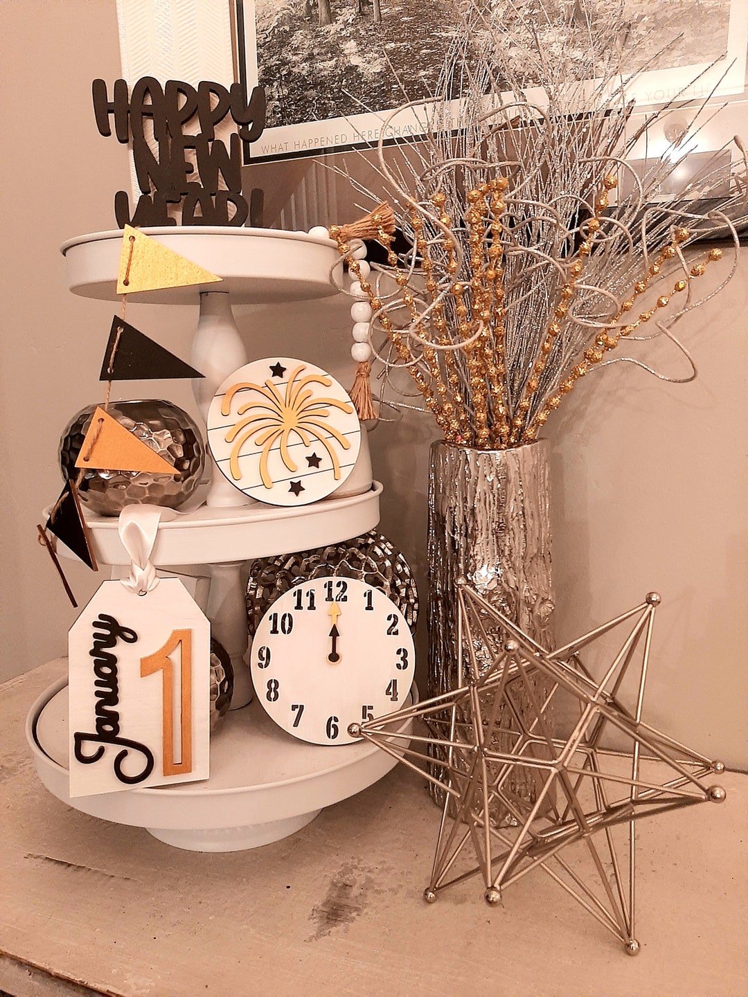 Unfinished New Year's Tiered Tray Decor Kit, Tier Tray, Craft, Laser