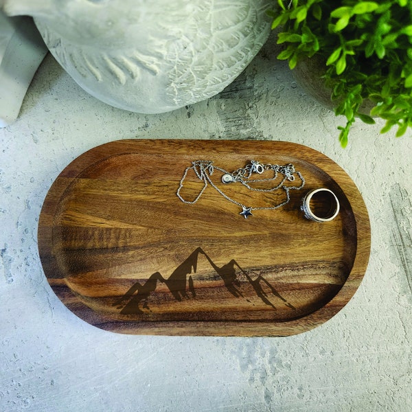 Mountain Wood Trinket tray, key, jewelry, ring holder, valet tray, wood dish, engraved wood tray