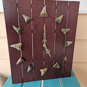 May include: A wall clock with a dark red wooden backing, adorned with fossilized shark teeth marking the hours. The clock hands have an ornate design. The wooden backing is made of vertical planks.