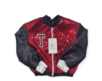 Blouson universitaire à sequins rouges - Tenue d'anniversaire - Blouson enfant - Blouson aviateur - Blouson universitaire