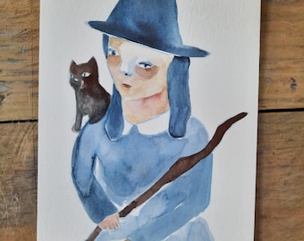 original watercolour postcard. blue witch with blue hair.