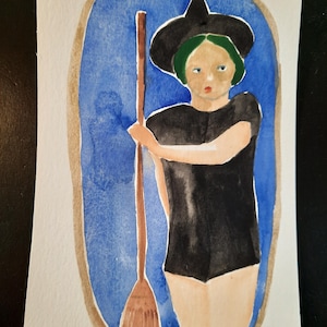 sorcière, oeuvre d'art originale, aquarelle sur papier carte postale.