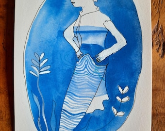 Mermaid. Gouache. 5x7. Original artwork.