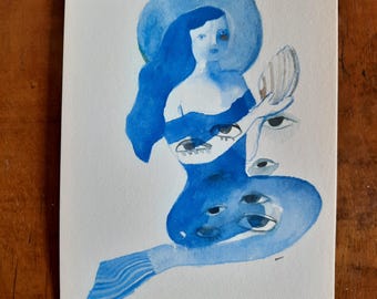 Mermaid in cobalt gouache. Watercolour eyes.
