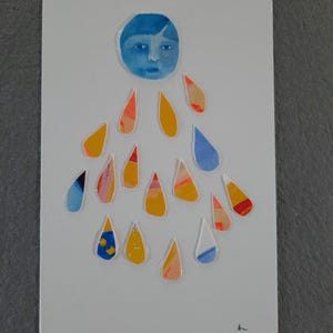 Carte postale 4x6 aquarelle et collage acrylique. visage bleu et gouttes de pluie.
