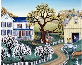 Square print, 10x10 SIGNED Giclée print "Springtime Stories" oil painting by Kathy Jakobsen, Country landscape art print County home