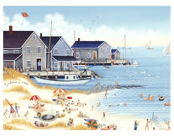 Feeding The Seagulls. SIGNED Giclée print of oil painting by Kathy Jakobsen, Beach scene, Coastal art, New England artwork
